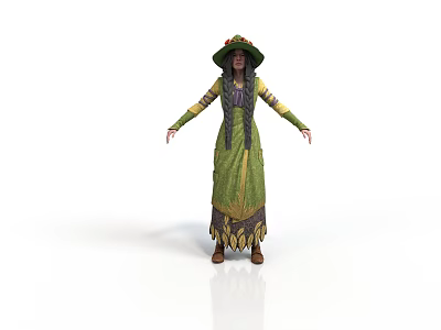 A Woman in Green and Purple Dress with Wide Brimmed Hat Standing with Arms Outstretched 3d model