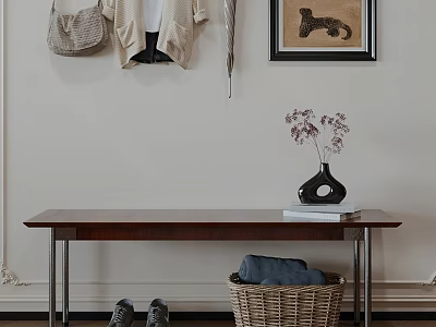 Wooden Bench In Entryway With Wicker Basket Shoes Hanging Clothes Bag And Flower Vase 3d model