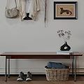 Wooden Bench In Entryway With Wicker Basket Shoes Hanging Clothes Bag And Flower Vase