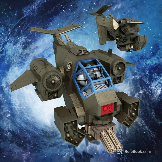 Detailed Sci Fi Aircraft With Mechanical Structure Blue Cockpit And Space Background 3d model 