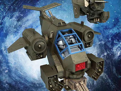 Detailed Sci Fi Aircraft With Mechanical Structure Blue Cockpit And Space Background 3d model