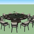 Modern Round Dining Table Set With Upholstered Chairs Tableware And Center Plant 3d model