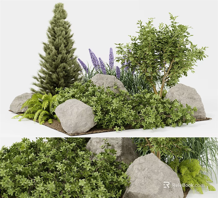 Colorful Garden Flowers And Plants Featuring Lavender Pine Tree Shrubs Stones And Natural Arrangement 3d model 