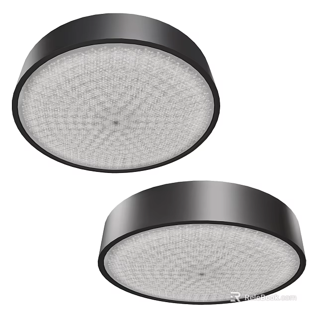 Two Round Black Frame Flush Mount Ceiling Lights With White Grid Pattern Shades 3d model 