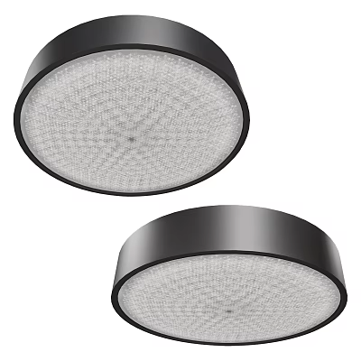 Two Round Black Frame Flush Mount Ceiling Lights With White Grid Pattern Shades 3d model