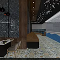 Modern Restaurant Interior With Shell Decorations Pendant Lights Patterned Tiles And Blue Wave Bar 3d model