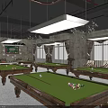Spacious Billiard Room Interior With Green Pool Tables Comfortable Sofas And Hanging Chandeliers 3d model