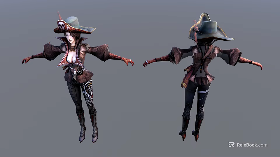 Game and Movie Character in Decorative Leather Outfit With Wide Brim Hat and Dynamic Pose 3d model 