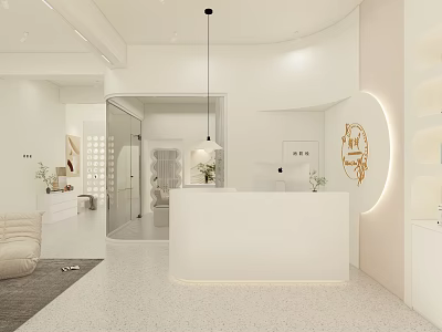 Modern Beauty Hair Salon Interior With White Reception Desk Soft Lighting And Decorative Plants 3d model