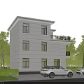 Two Story White Single Family House With Black Balcony Brown Door And Green Trees