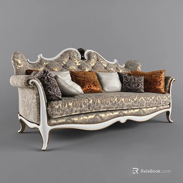 Luxurious Three Seater Sofa With Ornate Carvings Curved Legs And Colorful Cushions 3d model 