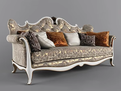 Luxurious Three Seater Sofa With Ornate Carvings Curved Legs And Colorful Cushions 3d model