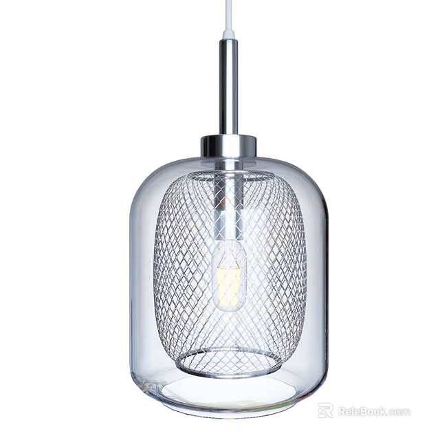 Modern Minimalist Pendant Light with Transparent Glass Shade and Mesh Design Chrome Base Visible Bulb 3d model 