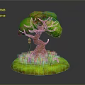 Cartoon Tree Scene Component with Green Canopy Brown Trunk Blue Mushrooms Lamp Post and Grass