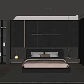 Modern Bedroom Interior With Dark Walls Large Bed Nightstands Pendant Lights Bookshelf And Wardrobe