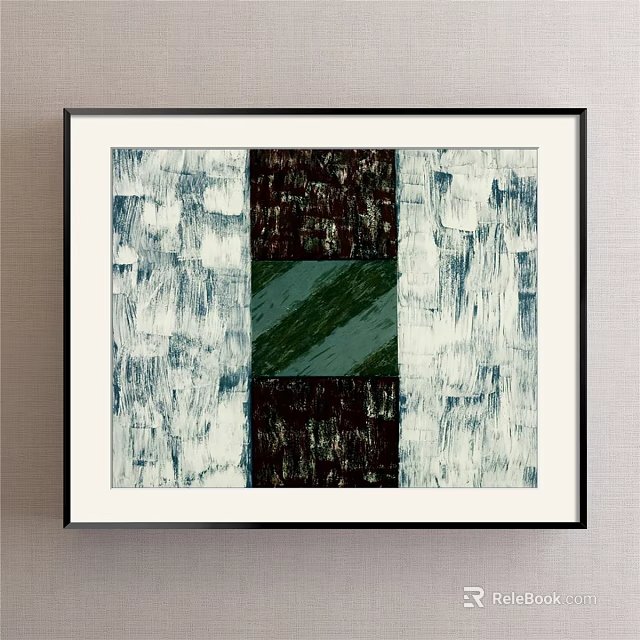 Abstract Painting With Green Square White Brush Strokes And Dark Textured Sections In Black Frame 3d model 