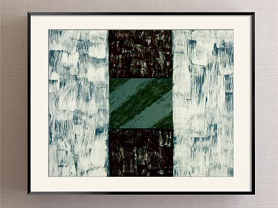 Abstract Painting With Green Square White Brush Strokes And Dark Textured Sections In Black Frame 3d model