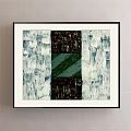 Abstract Painting With Green Square White Brush Strokes And Dark Textured Sections In Black Frame