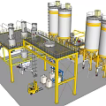 Industrial Equipment With Large Storage Tanks Yellow Supports And Piping Systems