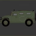 Green Military Off Road Vehicle With Worn Exterior Large Tires And Roof Equipment
