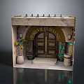 Entrance Gate with Archway Double Doors Wall Lamps and Plant Decorations in Stone Structure