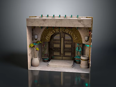 Entrance Gate with Archway Double Doors Wall Lamps and Plant Decorations in Stone Structure 3d model