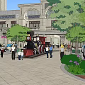 Bustling Commercial Street With Pedestrians Vehicles And Classic Building Facades
