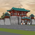 Ancient Chinese Architecture Design With Green Tiled Roof Gate Tower And Stone City Walls