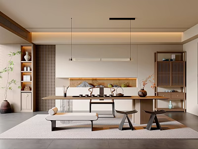 Traditional Zen Tea Room Interior Design With Wooden Table Tea Sets And Pendant Lights 3d model