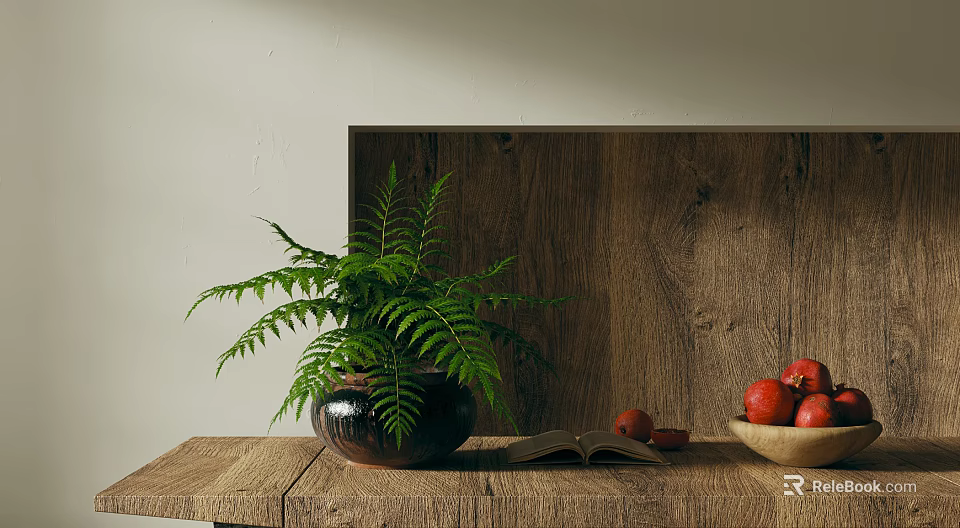 Fern Bonsai Plant In Clay Pot On Wooden Table With Open Book And Fresh Fruits 3d model 