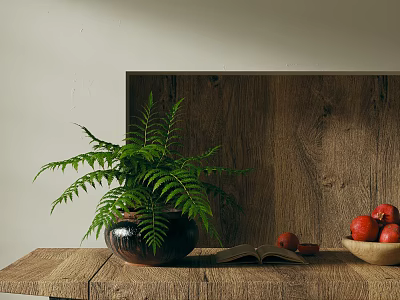 Fern Bonsai Plant In Clay Pot On Wooden Table With Open Book And Fresh Fruits 3d model