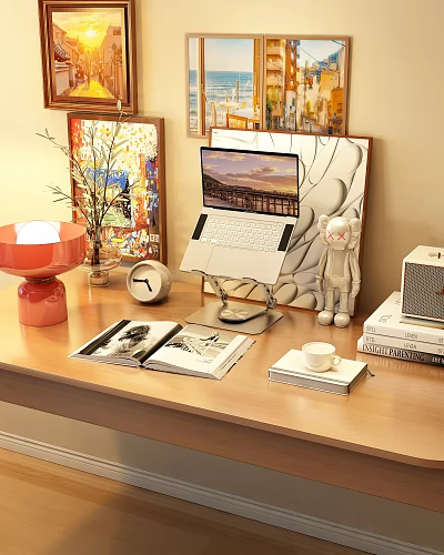 Decorative Ornament Combination With Red Table Lamp Laptop Teddy Bear And Books On Wooden Desk 3d model