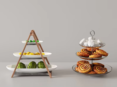 Three Tier Wooden And Metal Tableware Sets For Fruits And Pastries 3d model