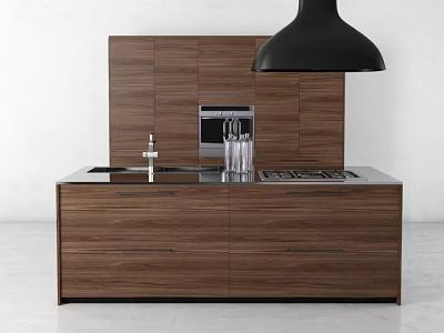 Modern Wooden Kitchen Cabinets With Countertop Sink Stove And Black Pendant Light 3d model