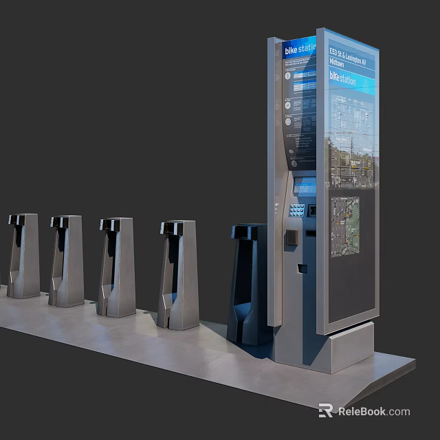 Modern Station Turnstiles And Information Kiosk With Digital Display And Map Interface 3d model 