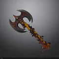 Decorative Battle Axe With Red Orange Handle Shiny Metal Blade And Intricate Carvings