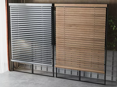 Gray And Wooden Venetian Blinds Side By Side Modern Indoor Display With Brick Wall 3d model