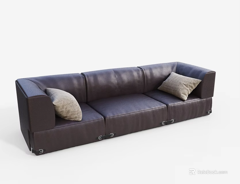 Dark Brown Leather Three Seater Sofa With Light Colored Cushions And Modern Design 3d model