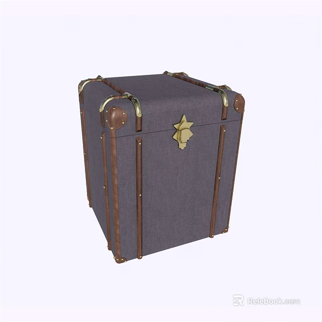 Vintage Gray Storage Trunk with Brown Leather Trim Gold Metal Clasps and Star Shaped Emblem 3d model 