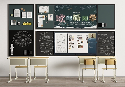 Modern Blackboard Mobile Multimedia Blackboard Notes Classroom Desks and Chairs 3d model