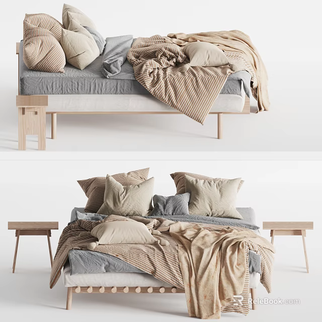 Modern Stylish Double Bed With Soft Pillows Knitted Blankets And Wooden Nightstands 3d model 