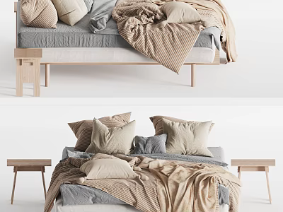 Modern Stylish Double Bed With Soft Pillows Knitted Blankets And Wooden Nightstands 3d model