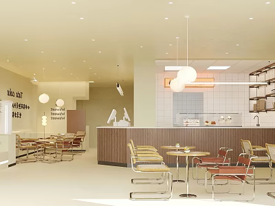 Dessert Café Interior Design with Hanging Lights Cozy Tables Chairs and Modern Counter 3d model