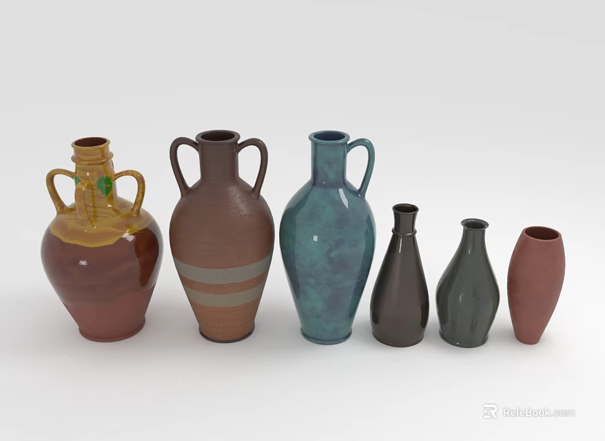 Different Green Plants Placed in Colorful Vases of Various Shapes 3d model 