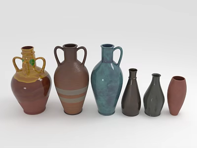 Different Green Plants Placed in Colorful Vases of Various Shapes 3d model