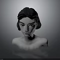 3D Female Character Bust Model With Black Hair Fur Shoulders And Gray Background