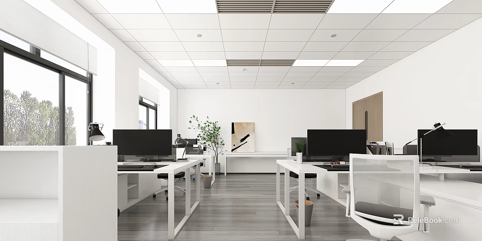 Modern Public Office Interior With Desks Computer Monitors Plants Windows And Wooden Floors 3d model 