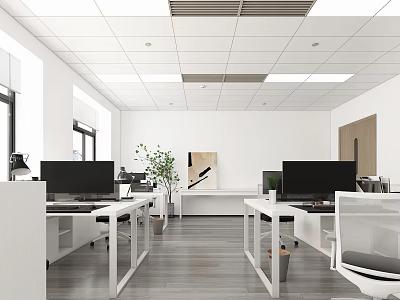 Modern Public Office Interior With Desks Computer Monitors Plants Windows And Wooden Floors 3d model