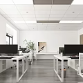 Modern Public Office Interior With Desks Computer Monitors Plants Windows And Wooden Floors