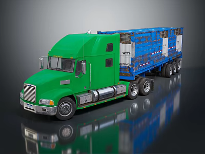 Green Semi Truck With Blue Cargo Trailer For Heavy Duty Transportation 3d model